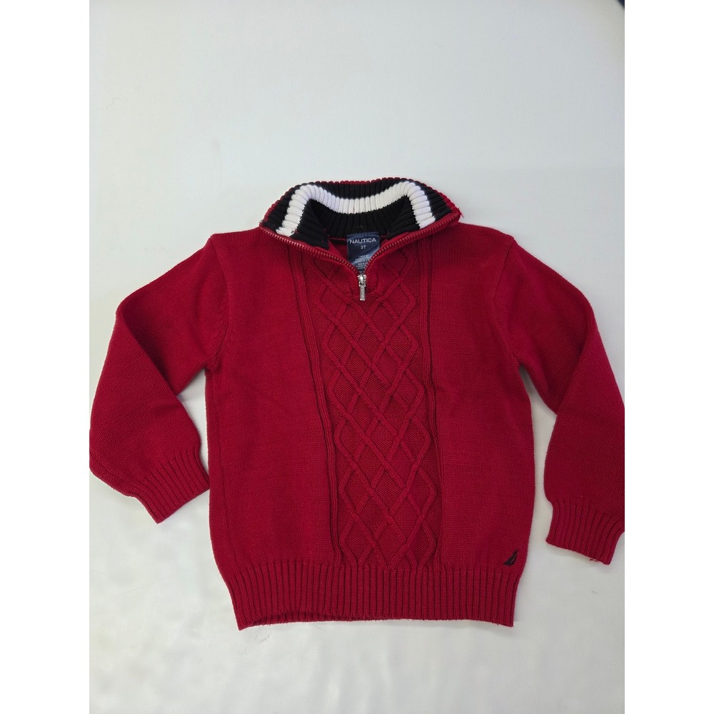 Nautica Quarter Zip Sweater Kids 3T Red Cable Knit Nordic Mock Neck Pullover